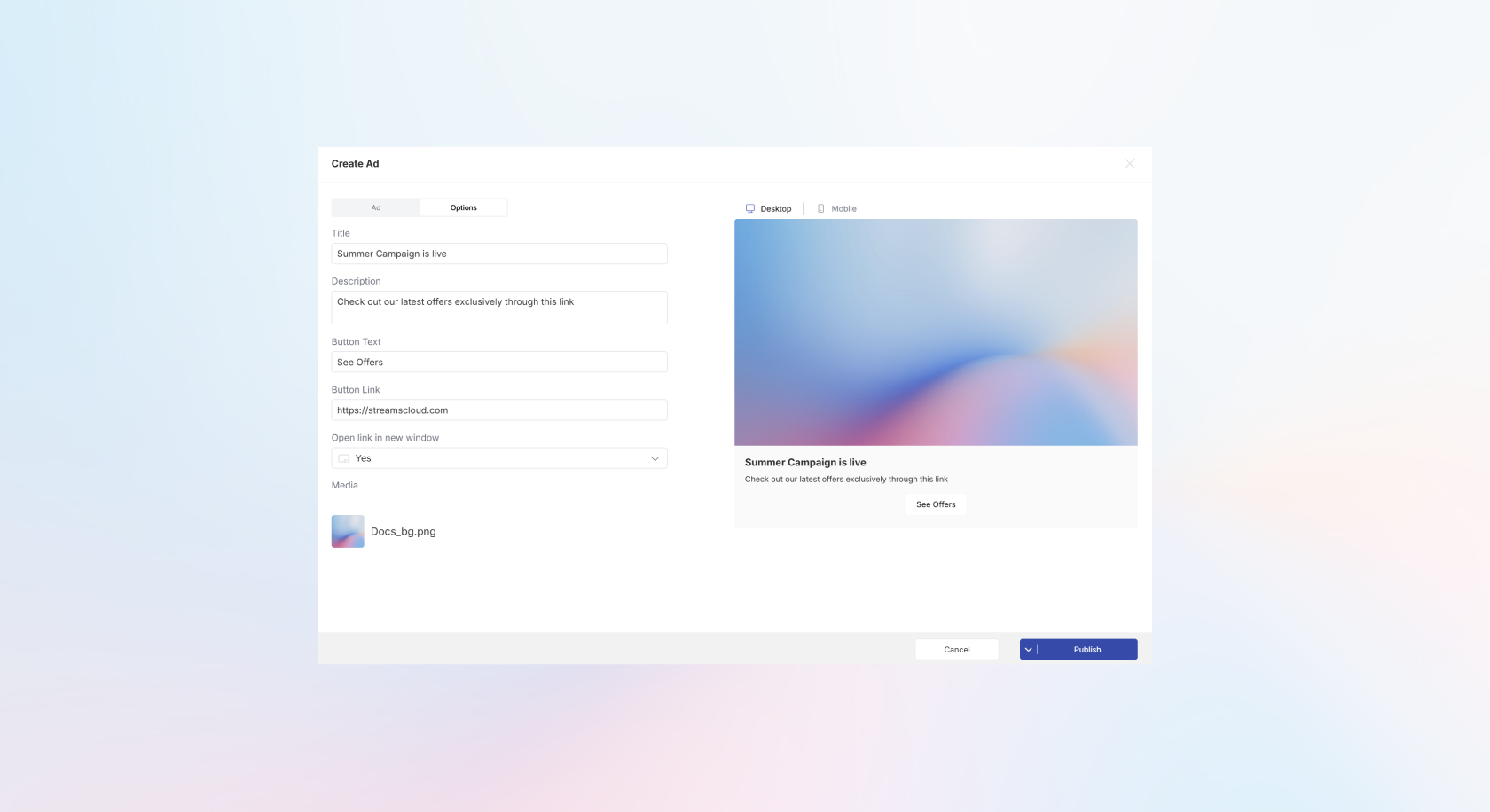 Screenshot of the Ad Creation Dialogue