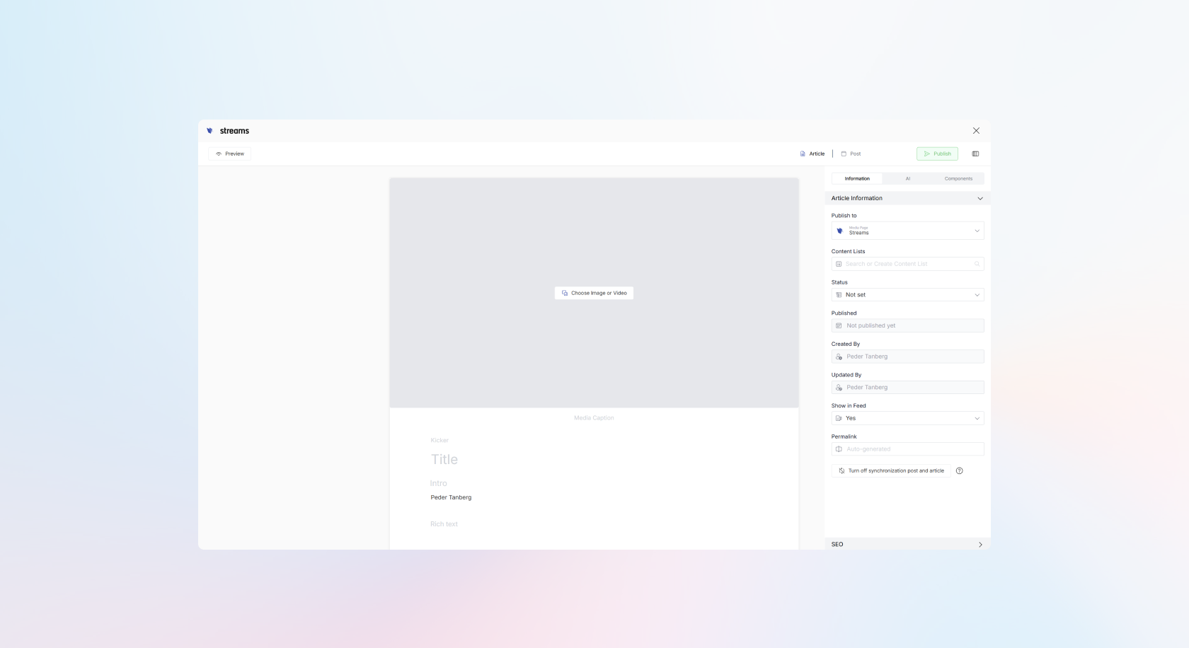 Screenshot of the Create Article interface
